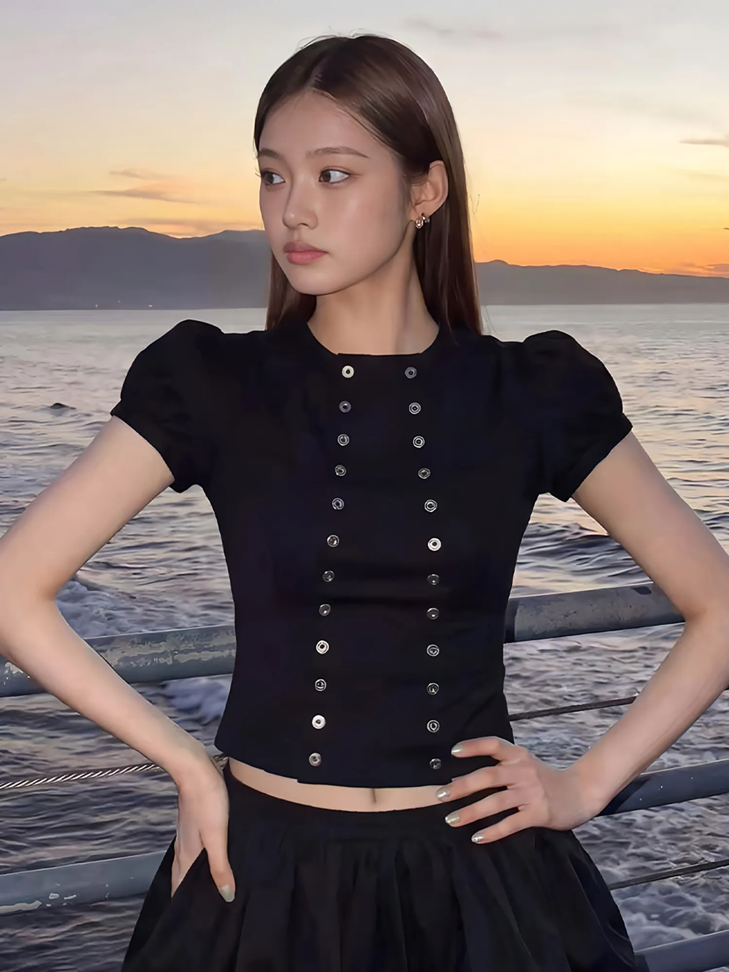 

Burjuman Bubble Sleeve Shirt Girl's Fashionable Versatile Double Buttoned Waist Cinched Spring Citywalk Short Sleeve Shirt