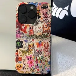 Cute Cartoon Graffiti Animals Phone Case for iPhone 16 15 14 13 Pro Max Back for 12 Mini 11 Pro Plus 8 7 X XS Acrylic Cover