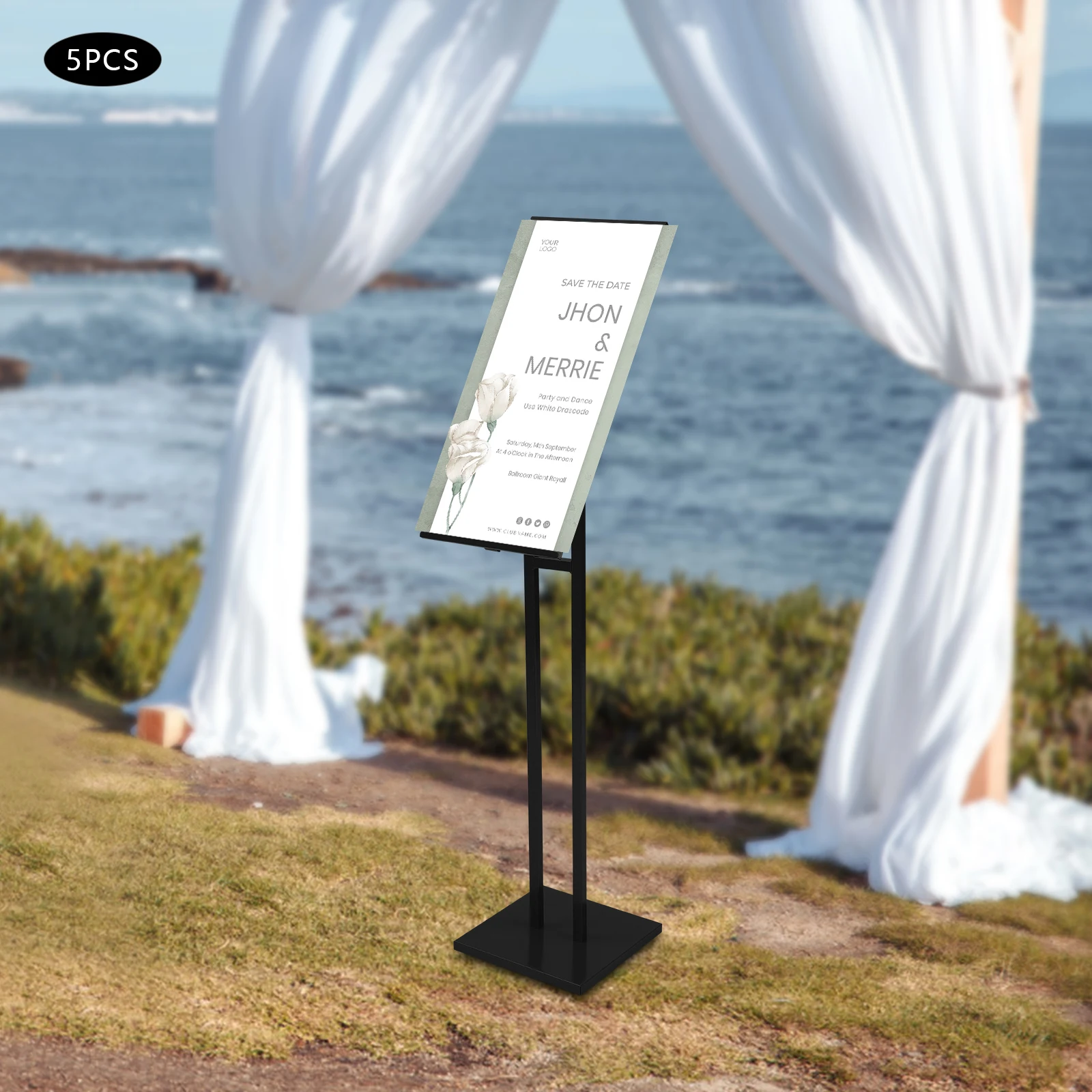 مجموعة إطارات ملصقات أرضية قابلة للتعديل مكونة من 5 قطع، ارتفاع 51-59 بوصة و360 درجة ° دوران، حامل اللافتات التجاري الحديدي #1