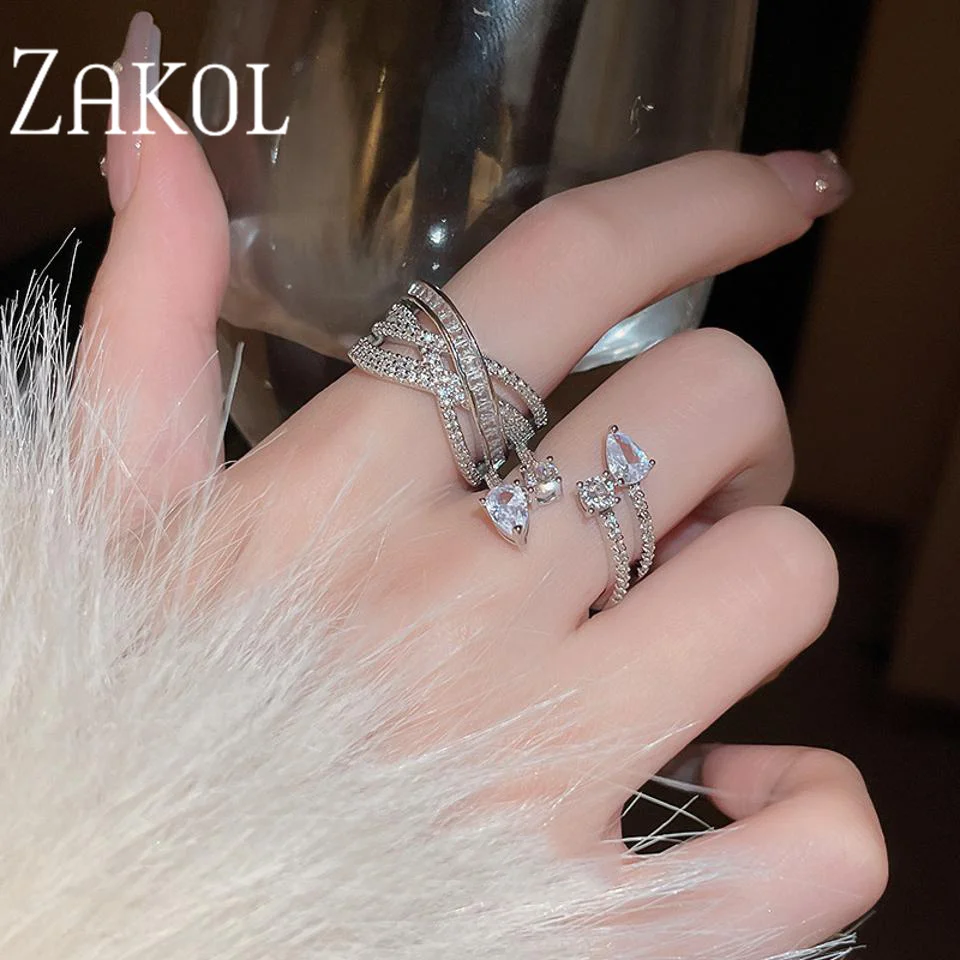 ZAKOL Exquisite Elegant Water Drop Zircon Double-layer Women's Opening Ring Micro-set Fashion Charm Jewelry Party Accessories