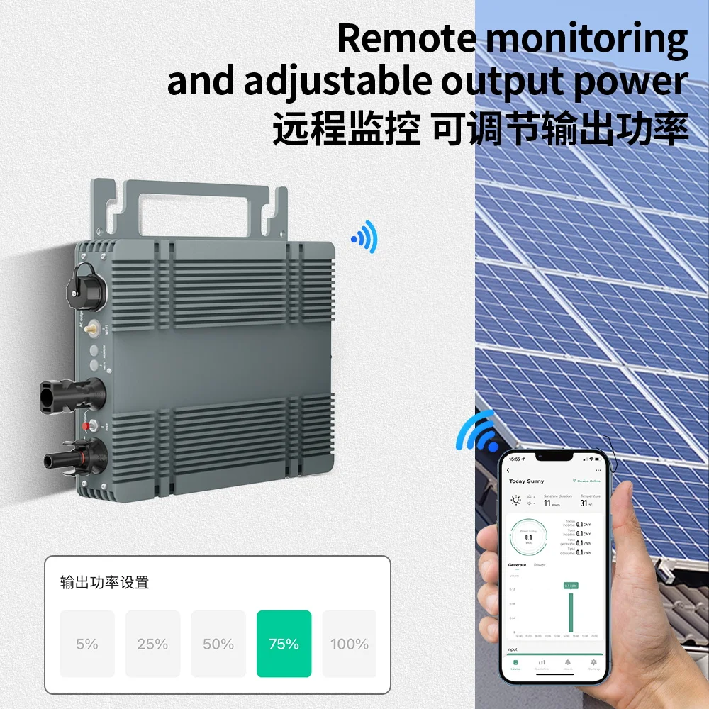 Ultra-thin Solar Micro Grid Inverter IP67 Waterproof Relay Protection APP Monitoring Adjust Output Power Dissipate Heat Quickly