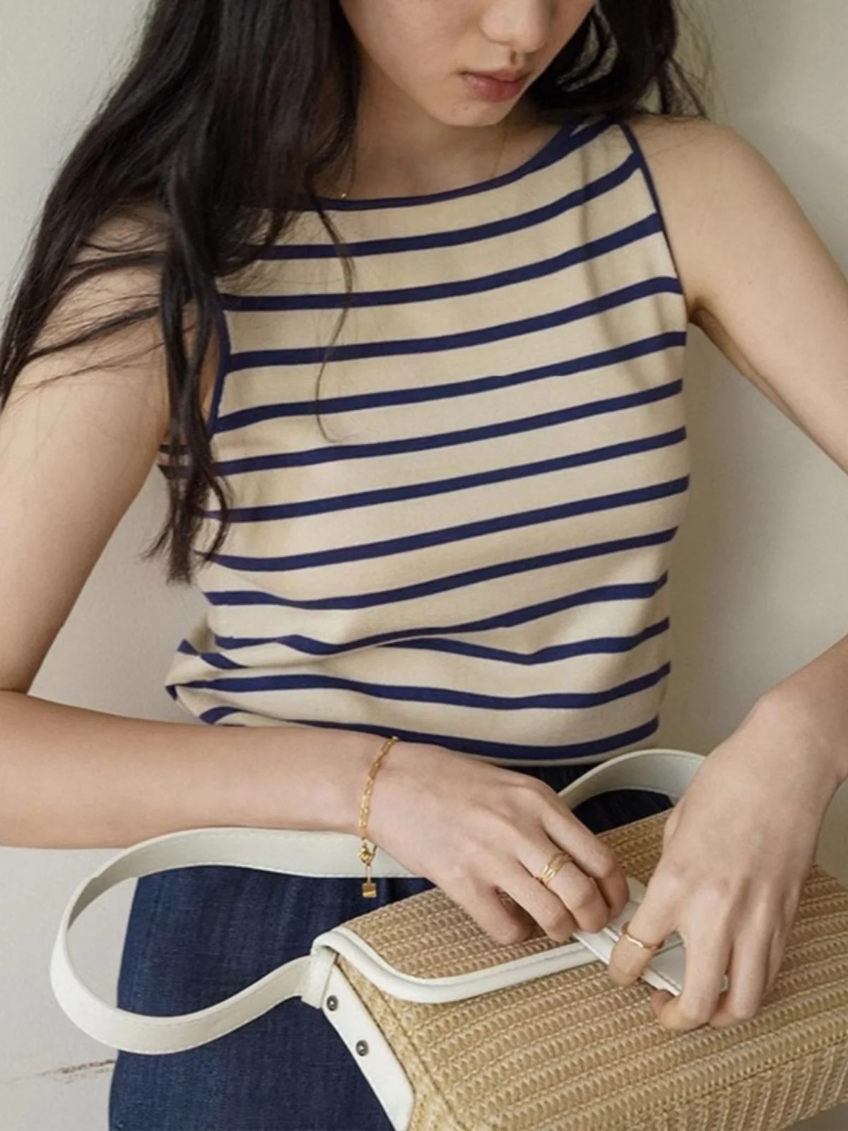 Retro Striped Knitted Sleeveless Vest Summer Slimming Ice Silk Thin Top Women's Fashion Commute Style  Color Workwear