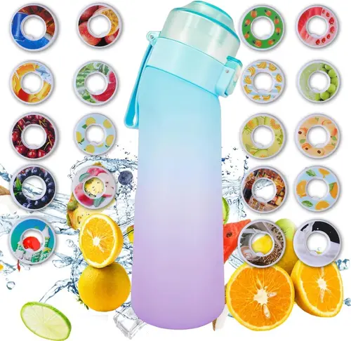 Imagen 1 del producto Botella de agua de aire deportiva de 650ML sin BPA, cápsulas de aroma de fruta, tapas de sabor a aire, taza de agua deportiva a prueba de fugas para gimnasio para correr al aire libre