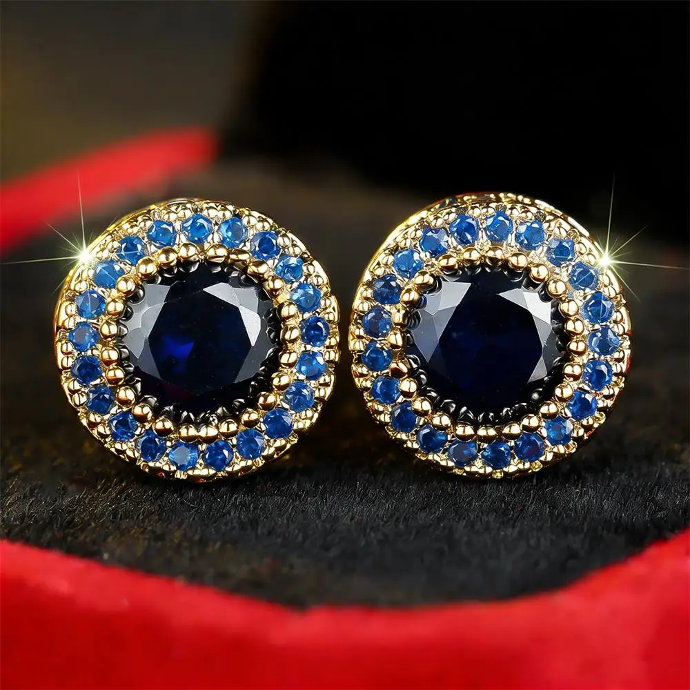 Blue Crystal Trendy Round Stone Stud Earrings For Women Vintage Rose Gold Silver Color Earring Wedding Jewelry Mother's Day Gift