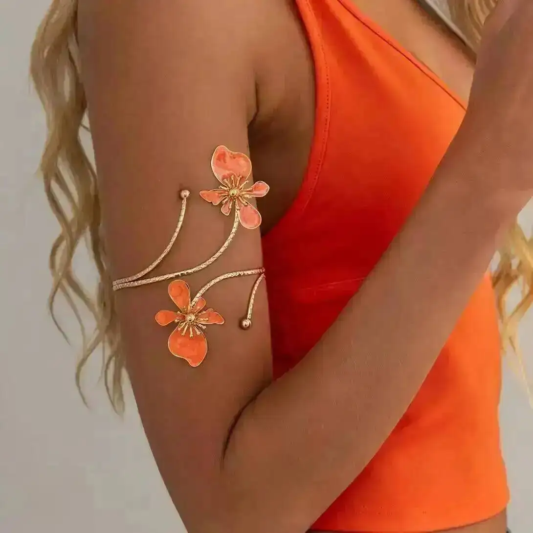 

Salircon Boho Elegant Sexy Flower Open Cuff Armlet Women Retro Oil Drip Craft Floral Adjustable Arm Bracelet Summer Jewelry