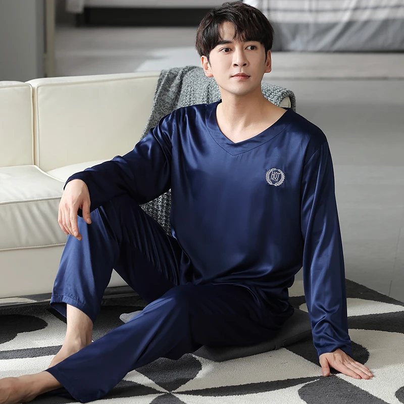 New Spring Men Satin Silk Pajamas Set Solid Long Sleeve V-Neck Casual Sleepwear Loose M-4XL Male Pijamas