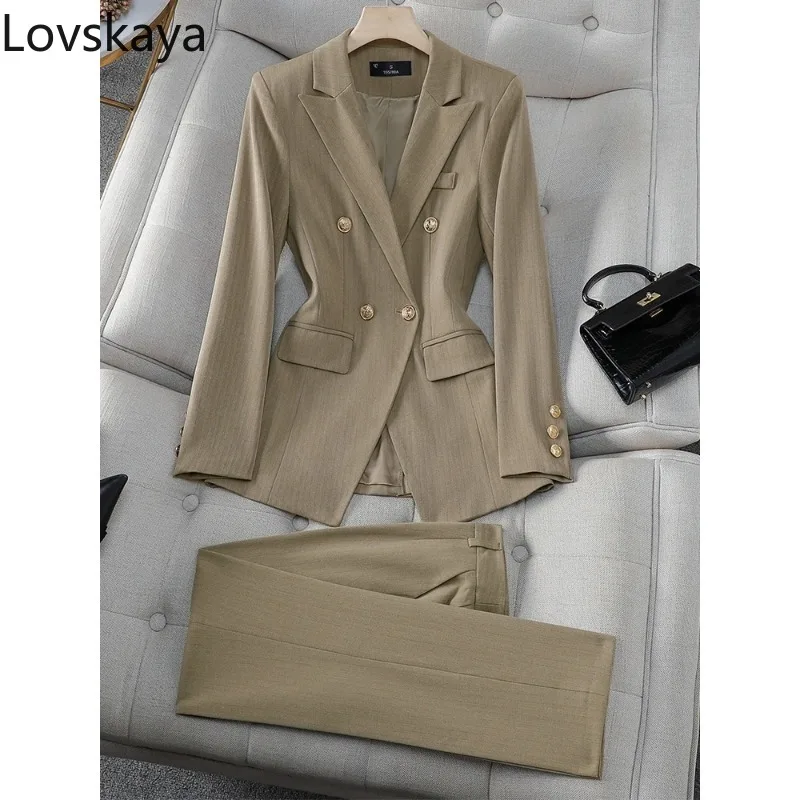 

Women Female Business Work Wear Blazer Jacket And Trouser 2 Piece Beige Black Striped Ladies Formal Pant Suit Set