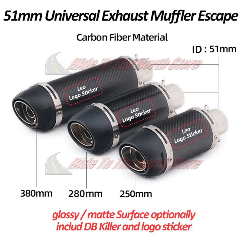 

51mm leo Motorcycle Exhaust Muffler for R6 Ninja250/400 Z400/900/1000 R1/3/6/15 MT07/09 FZ6N CBR300 GSXR250/600/750/1000 K8 Etc