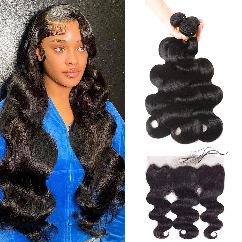 Brazilian Body Wave Bundle with Closure Human Hair 100% Remy Virgin Human Hair Weave 3 Bundles with 13x4 HD Lace Closure Natural