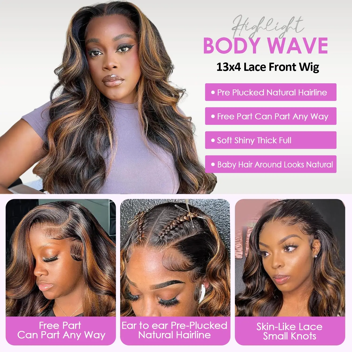 Highlight Ombre Lace Front Wig Human Hair Body Wave Pre Plucked 1B/30 Lace Front Human Hair Wig 200 Density 30 Inch For Women image 6
