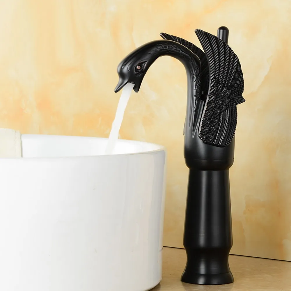 

Black Oil Rubbed Brass Carved Animal Swan Shape Single Handle Bathroom Faucet Sink Basin Cold / Hot Mixer Tap anf178