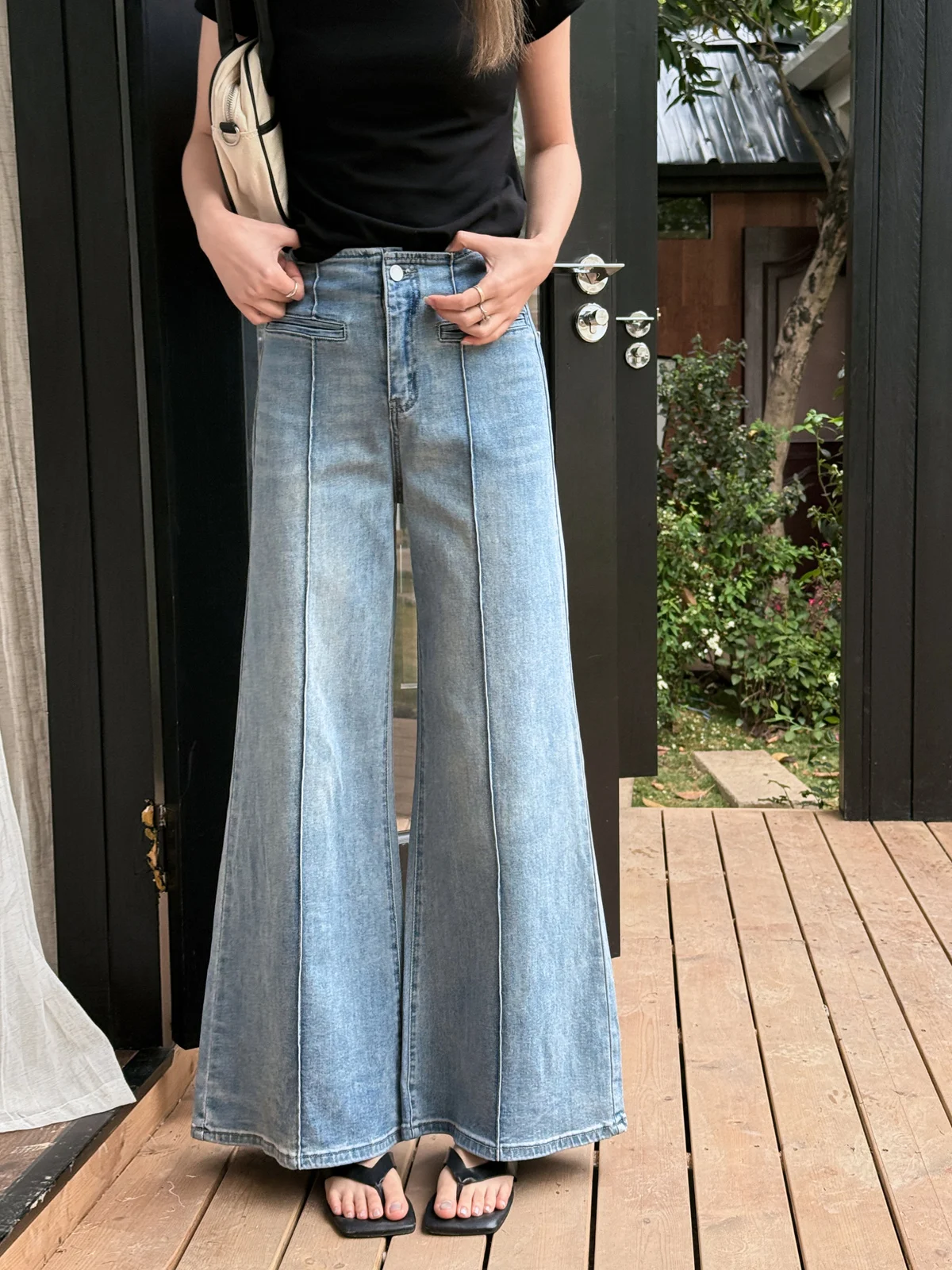 

LILI EDIT High Waist Straight Leg Denim Jeans Women's Summer Slimming Casual Pants Vertical Splicing Micro Flare Blue Jeans