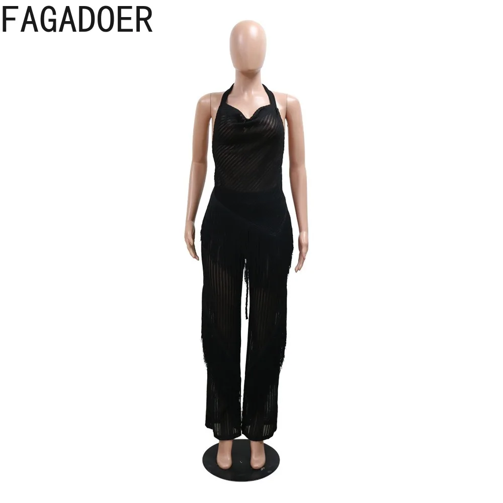 FAGADOER Elegant Tassels Two Piece Sets Halter See Through Sexy Outfits Back Lace-up Irregular Top and Sheer Straight Pants Suit