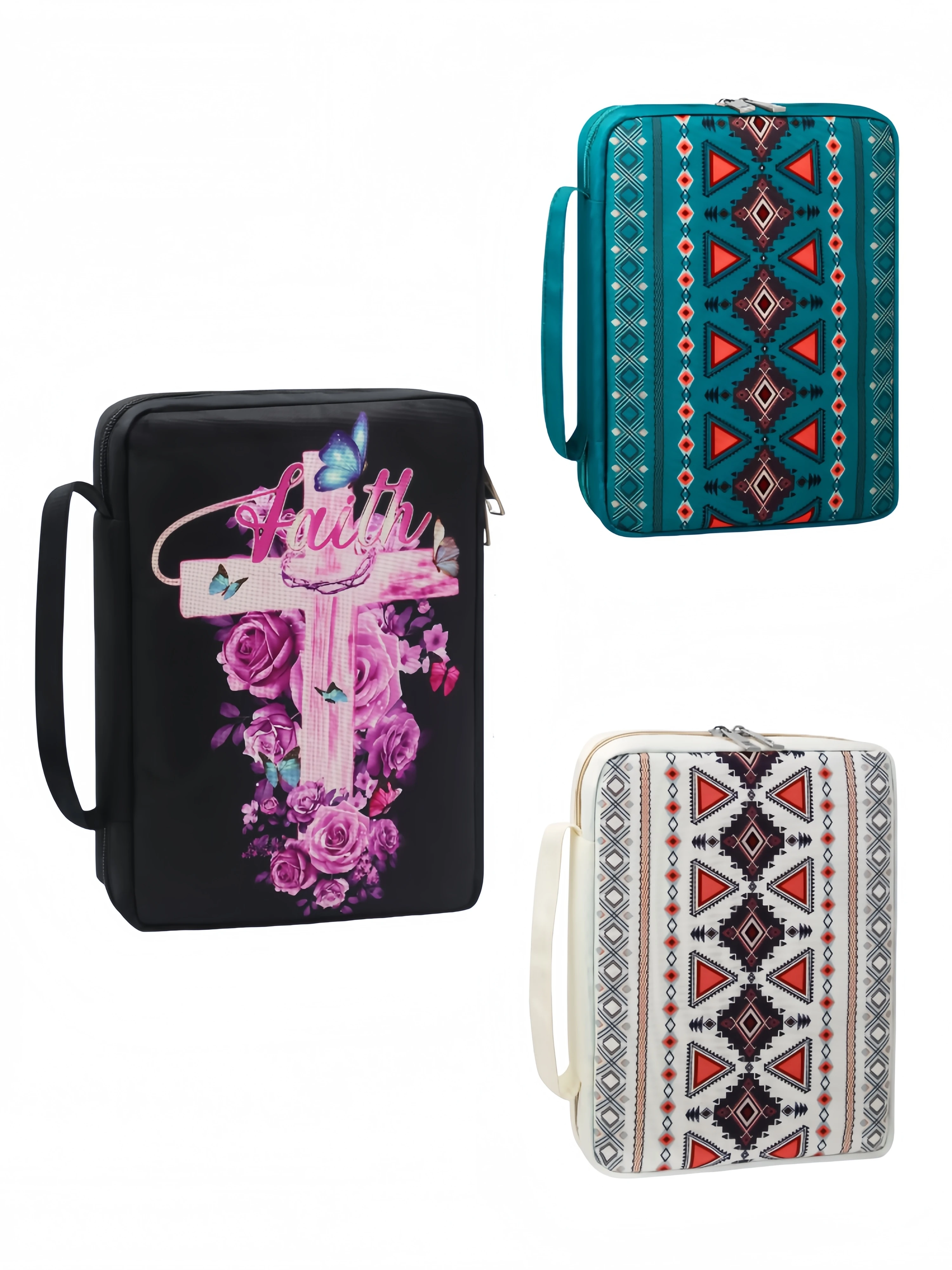 Estuche bíblico con cremallera de gran capacidad, tela resistente al agua con asa y bolsillos, bolso bíblico de estilo bohemio para mujeres y niñas