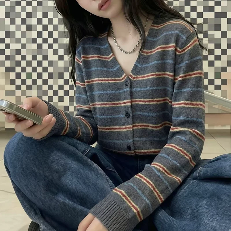 Vintage contrasting color striped V-neck 100% wool knitted cardigan women's long-sleeved sweater foreign style coat