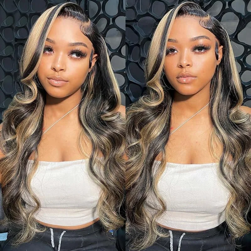 

FB/27 Balayage Highlight Lace Front Wig Human Hair Pre Plucked 24 Inch 13x4 HD Lace Ombre Body Wave Wig 250 Density Glusless Wig