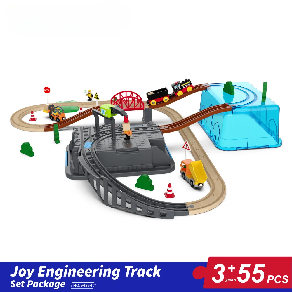 55pcs/set Wooden Railway Track Set Electric Train Magnetic Car Diecast Slot Fit All Brand Biro Wood Track Assemble Toy Boy Gift