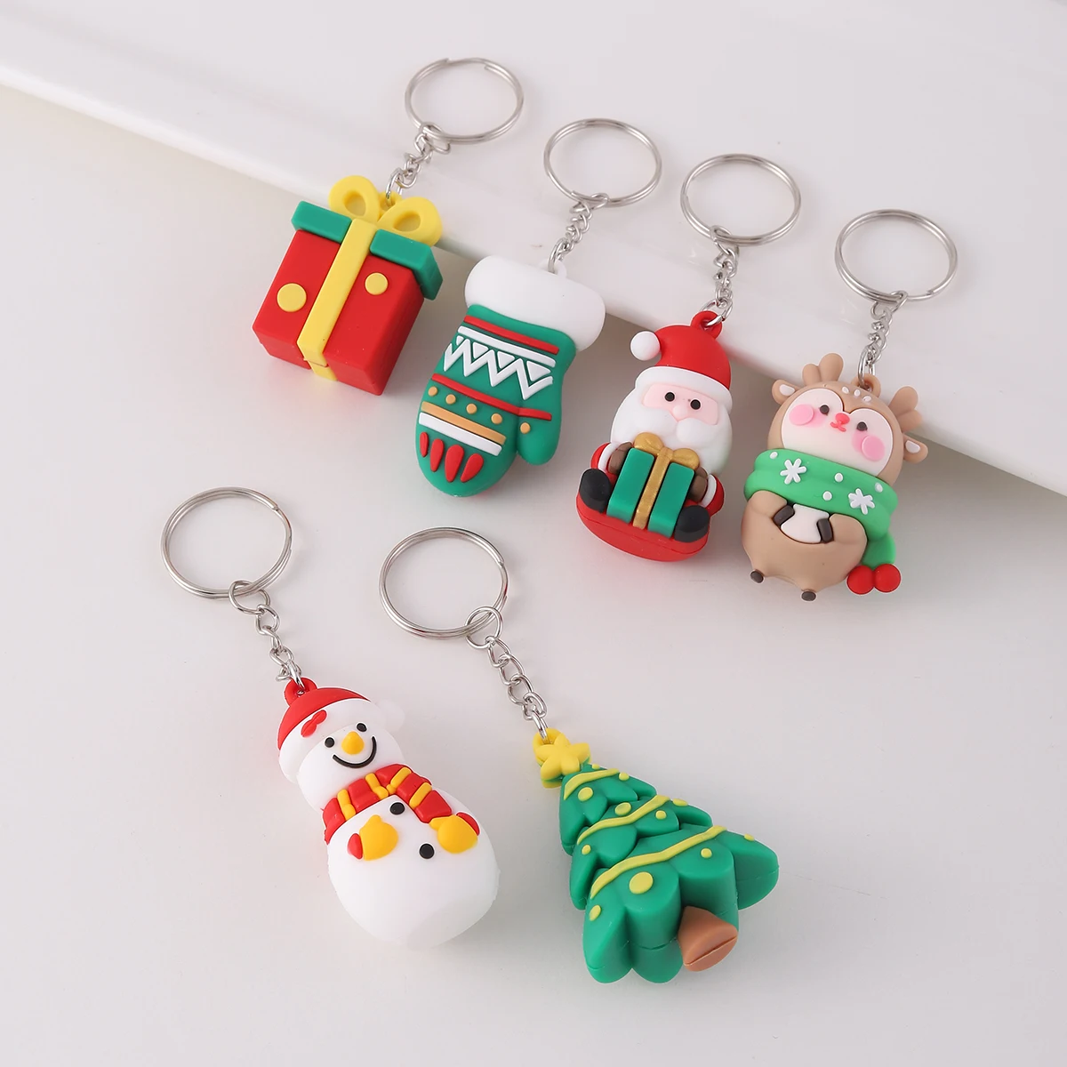 6pcs PVC Christmas Series pendant Keychain, Fashion Cute Santa Claus tree Gloves Bag Accessories, Christmas Small Gifts