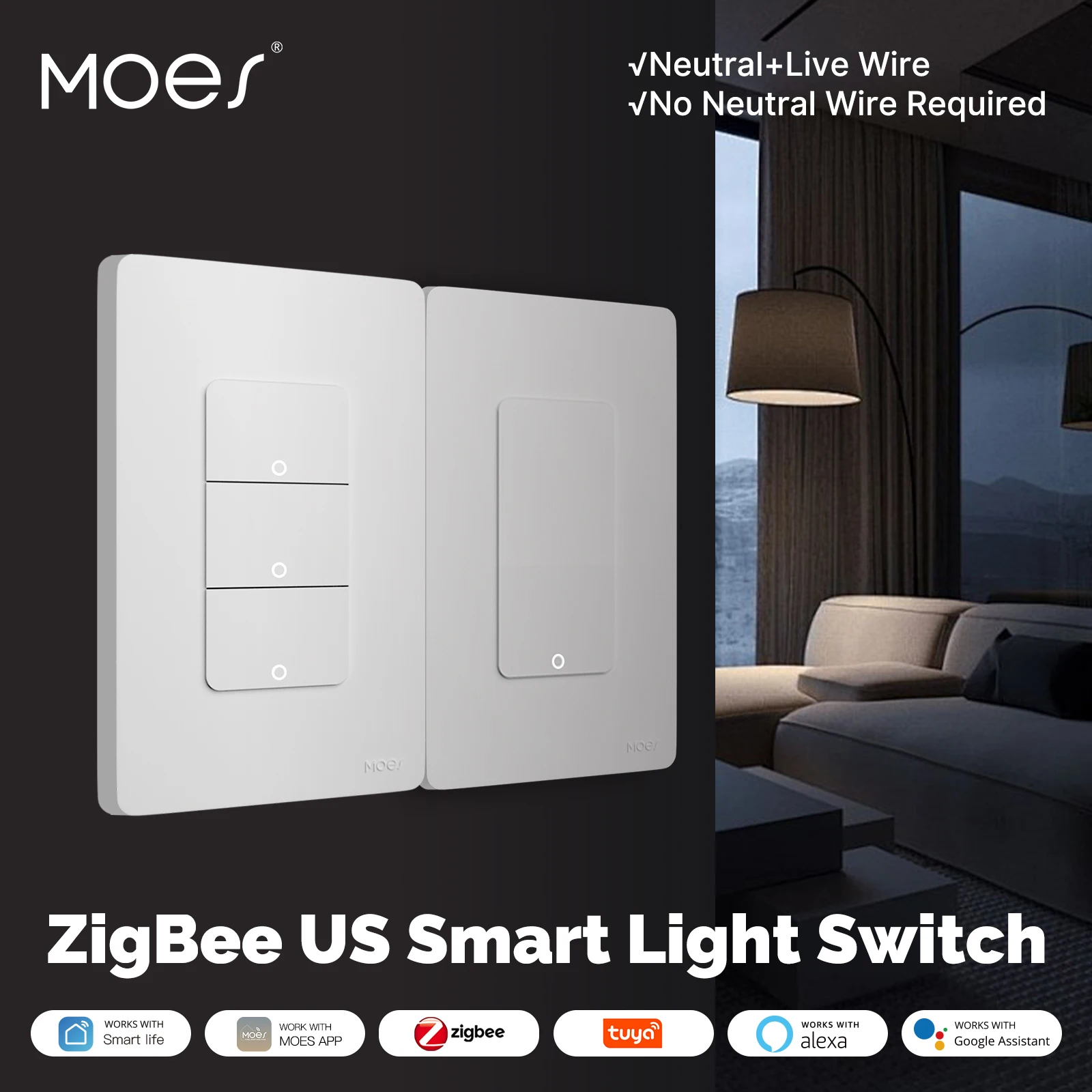 

MOES Tuya ZigBee Smart Light Switch US Push Button Wall Switch Work With Alexa Google Home Neutral Wire/No Neutral Wire Required