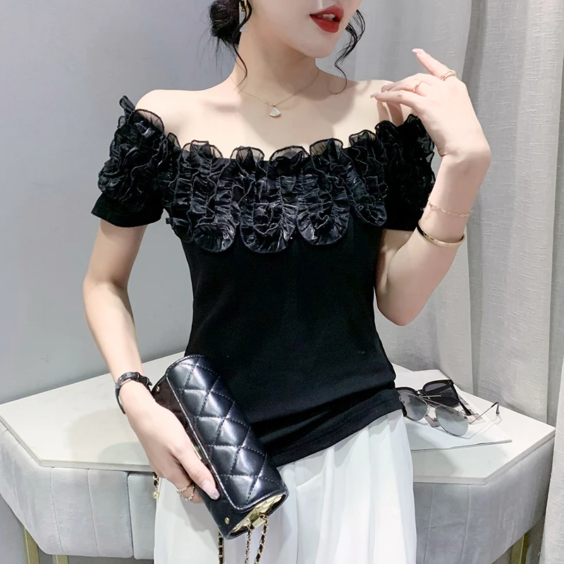 Summer European Clothes High Quality Cotton T-Shirt Chic Sexy Off Collar Ruffles Women Tops Short Sleeve New 2023 Slim Tees 2131