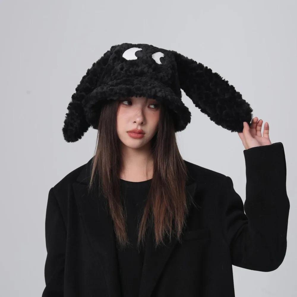 New Cute Funny Puppy Long Ears Plush Bonnet Warm Keeping Plush Bucket Hat Winter Accessories Warm Fisherman Hat Outdoor