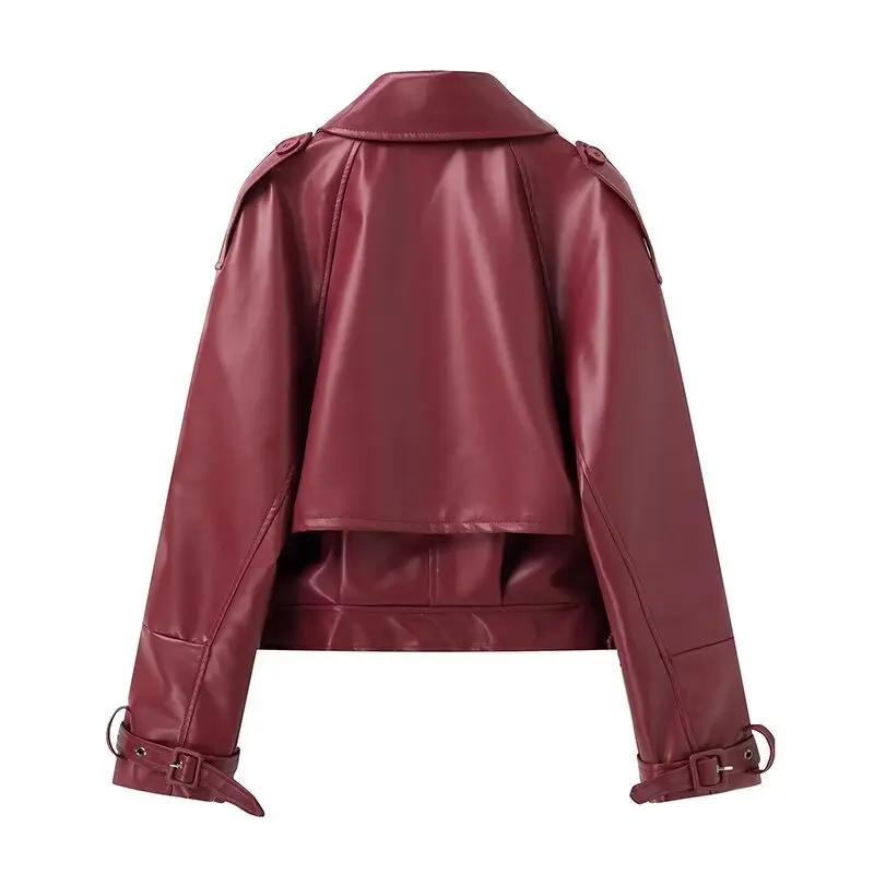 Vintage Burgundy PU Leather Biker Jacket Cool Adjustable Cuff Long Sleeve Lapel Zipper Women Fall Winter Punk Short Coat