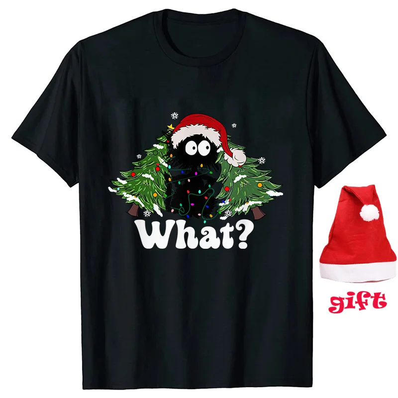 Camiseta engraçada do Natal das mulheres, Gato bonito que árvore de Natal tops, Camisetas de manga curta festa, Roupas femininas com chapéus