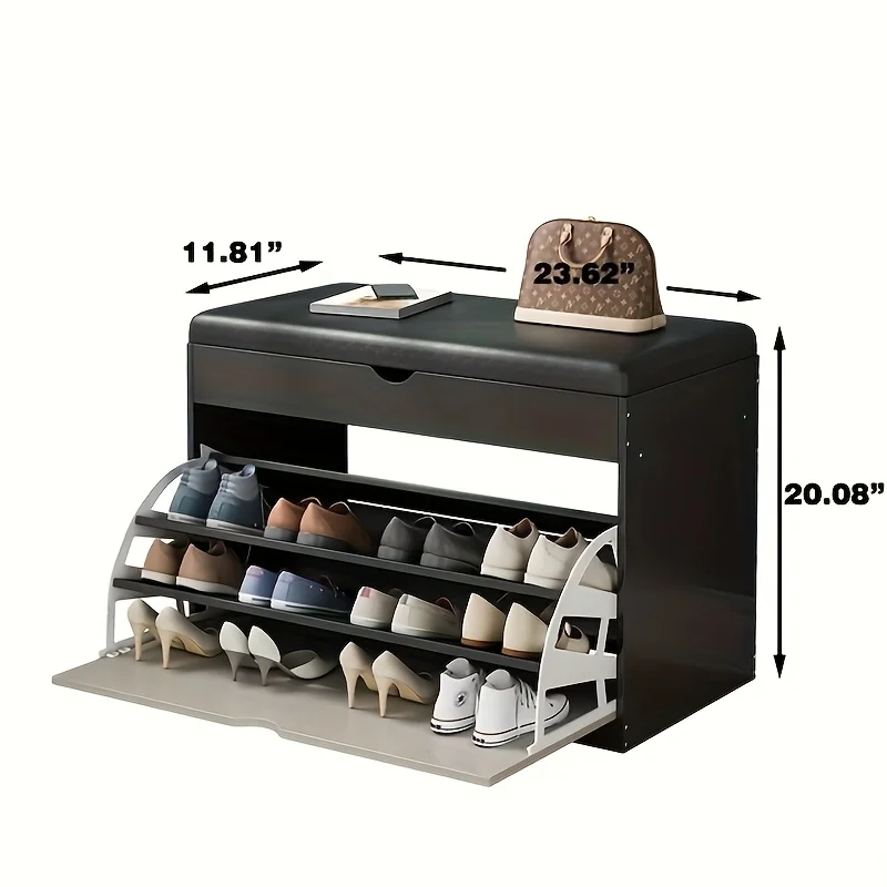 Wooden Shoe Bench with Storage | 3-Tier Shoe Rack, Cushioned Seat & Hidden Cabinet | Space-Saving Entryway Organizer for Home image 3
