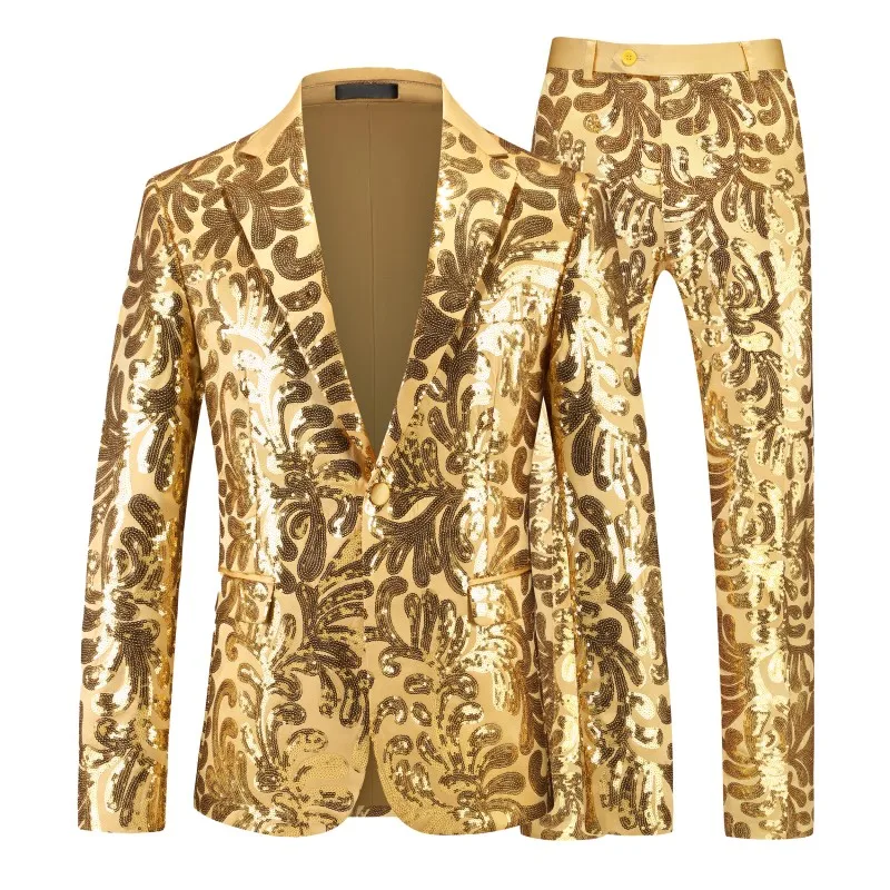 

2Pieces(Blazer Jacket+Suit Pants)Man Sets High Quality Luxury Sequin Prom Tuxedo One Button Slim Fit Stage Performance Costume