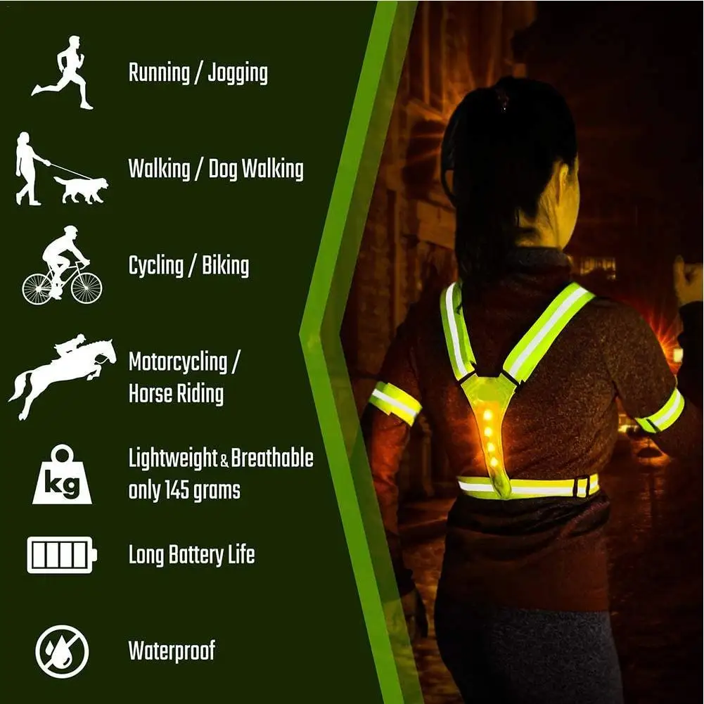 Unisex Adjustable LED Vest Safety Reflective Cycling Vest V-shaped Night Running Riding Warning Light USB Outdoor Sport Running