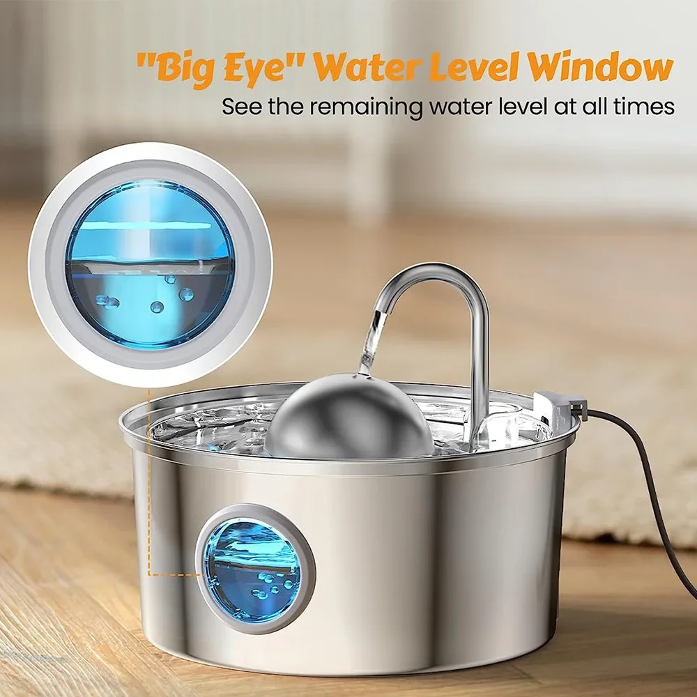 3.2L Stainless Steel Pet Water Feeder With Window Low Noise Water Pump Automatic Circulation Cat Water Dispenser