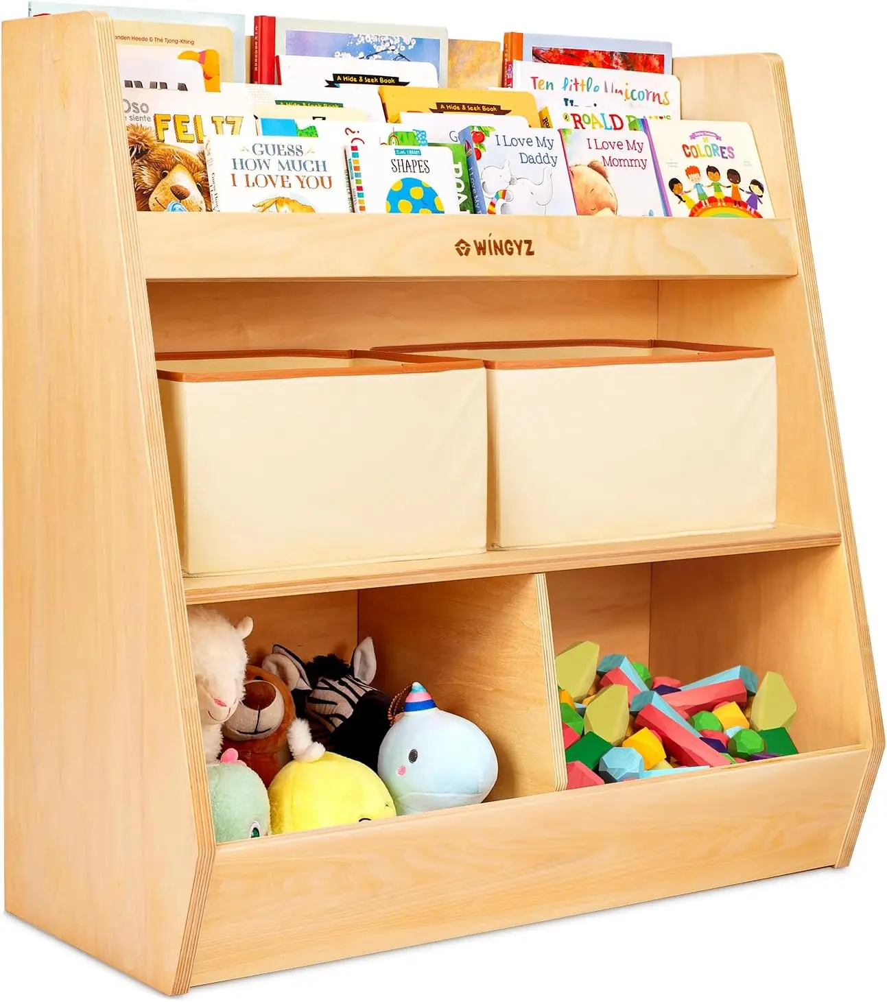 Kids Toy Storage Organizer With Bookshelf, Montessori Wooden Storage Cabinet, 4 Compartment Toddler Bookcase, 3 -Tier Book Toy