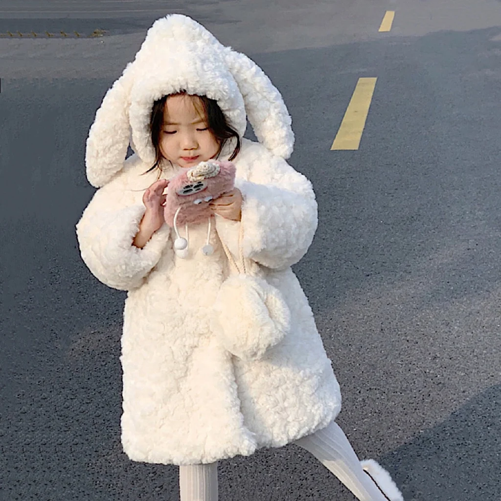 Girl Winter Extra-thick Lambswool Faux Fur Coat 2023 Kids Long Outerwear For Girls Warm Jacket With Padded Imitation Rabbit Fur