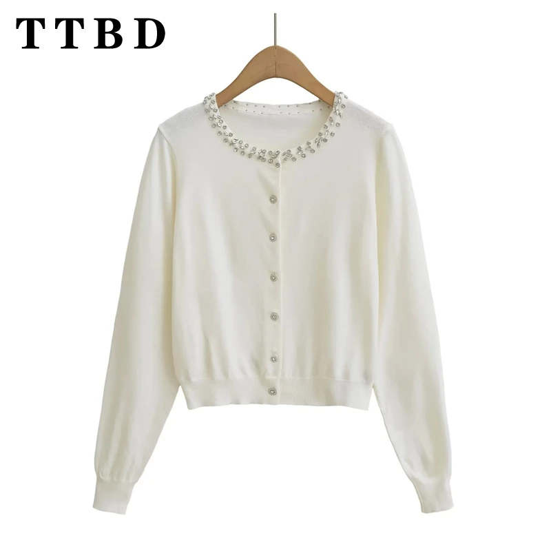 TTBD 2024 New Autumn Women's Elegant Diamond Encrusted Long Sleeve Knitted Cardigan Slim Fit Rhinestone Buckle Short Sweater