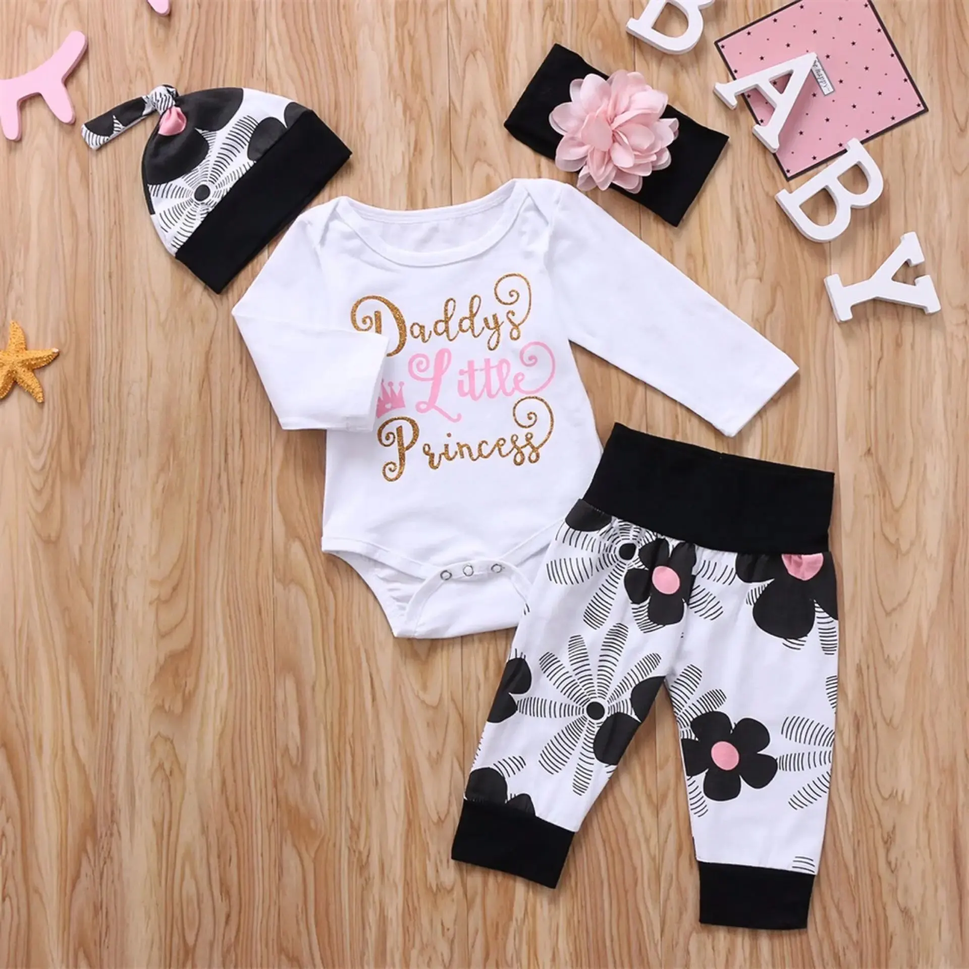 Spring and Autumn New Newborn Girl Baby Set Flower Letter Printed Jumpsuit+Headband Three Piece Set Romper
