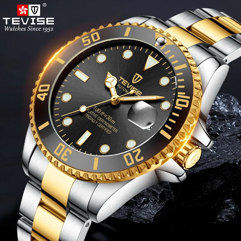 

TEVISE Men Green Watch Mechanical Movement Wristwatch Calendar Waterproof Luminous Stainless Steel Strap Hardlex Switzerland