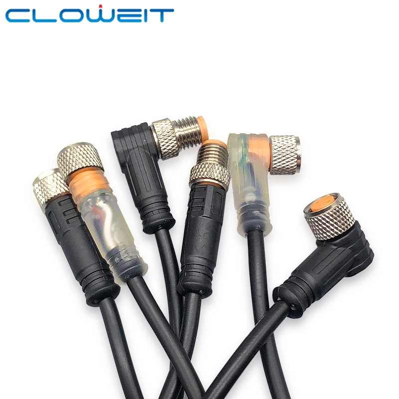 Cloweit M8 3 4 Pins PVC LED IP67 Sensor Cable Connector Type A Socket Plug 2m Waterproof Male&Female Straight Angle flange