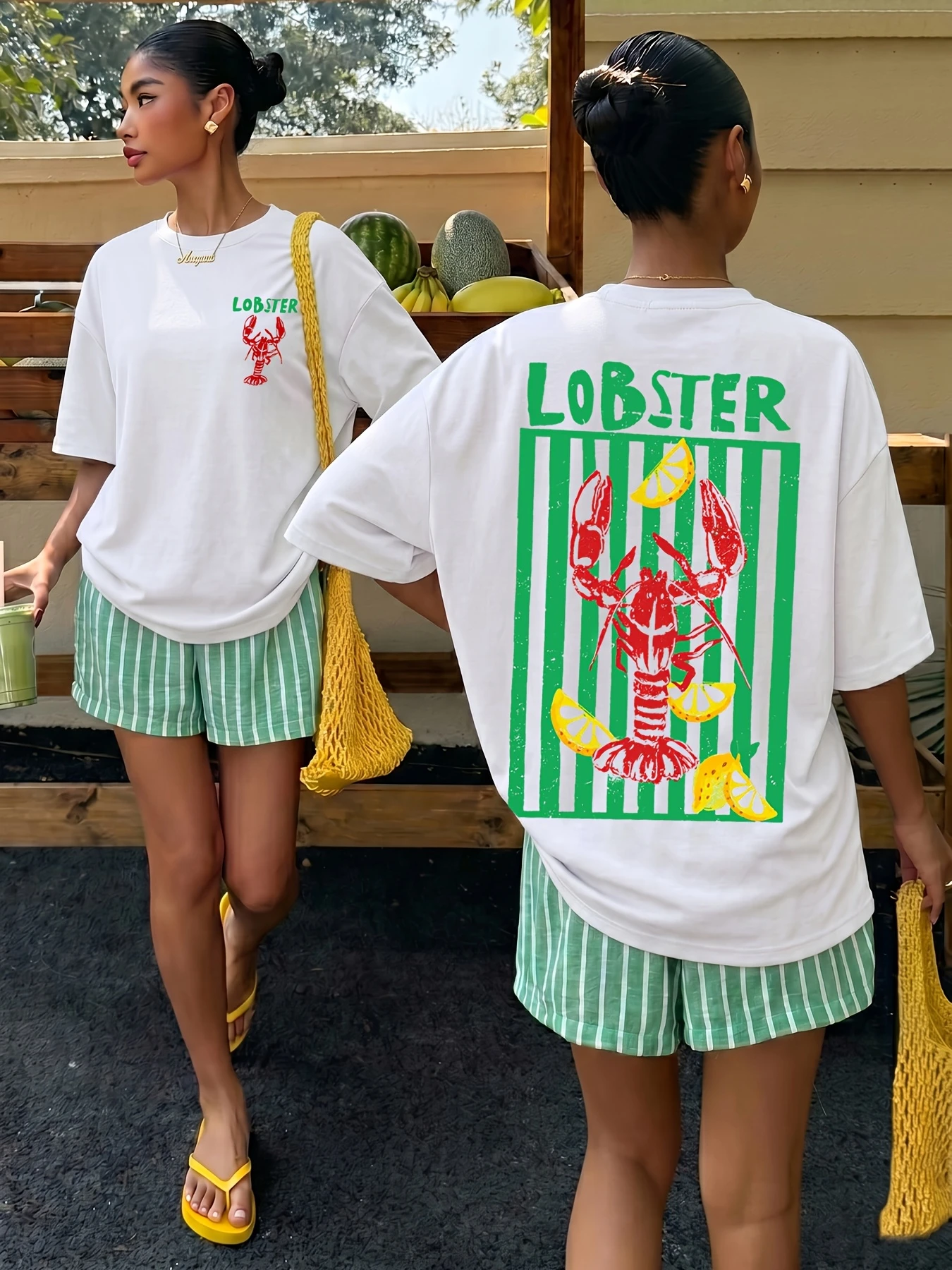 Ladies' Red Lobster Print T-shirt Casual Loose Short Sleeved Round Neck Top for Daily Wear and Street Style