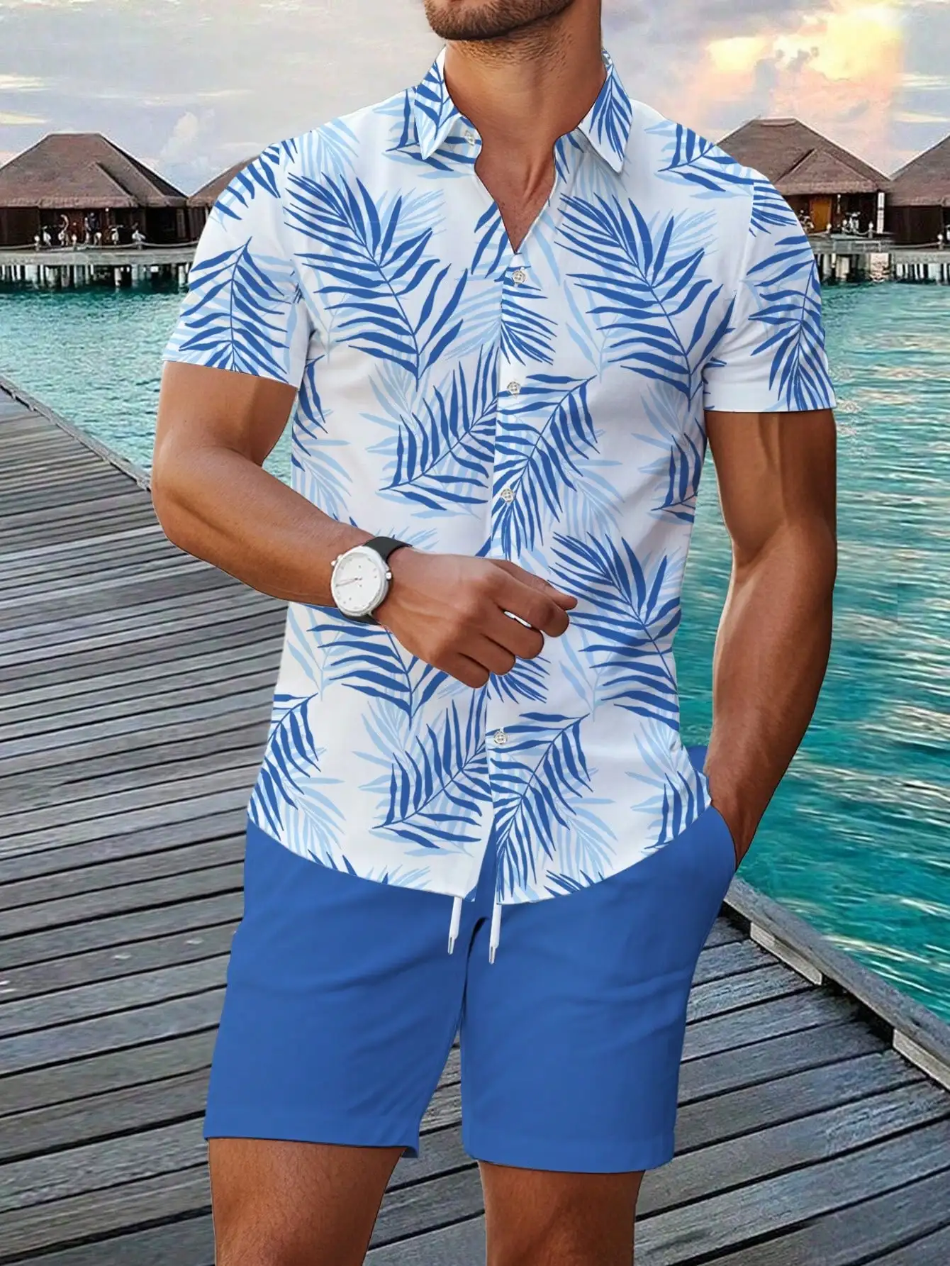 Mens Tropical Leaf Print Button-Up Short Sleeve Shirt With Solid Color Shorts Summer Casual Set