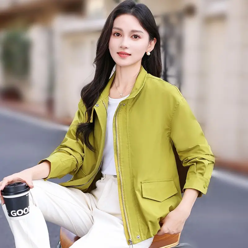Stand-Up Collar 2026 Spring New Loose And Thin Small Coat casual Tooling Jacket Top Female Trench Coat Yellow Zipper Jacket Pink