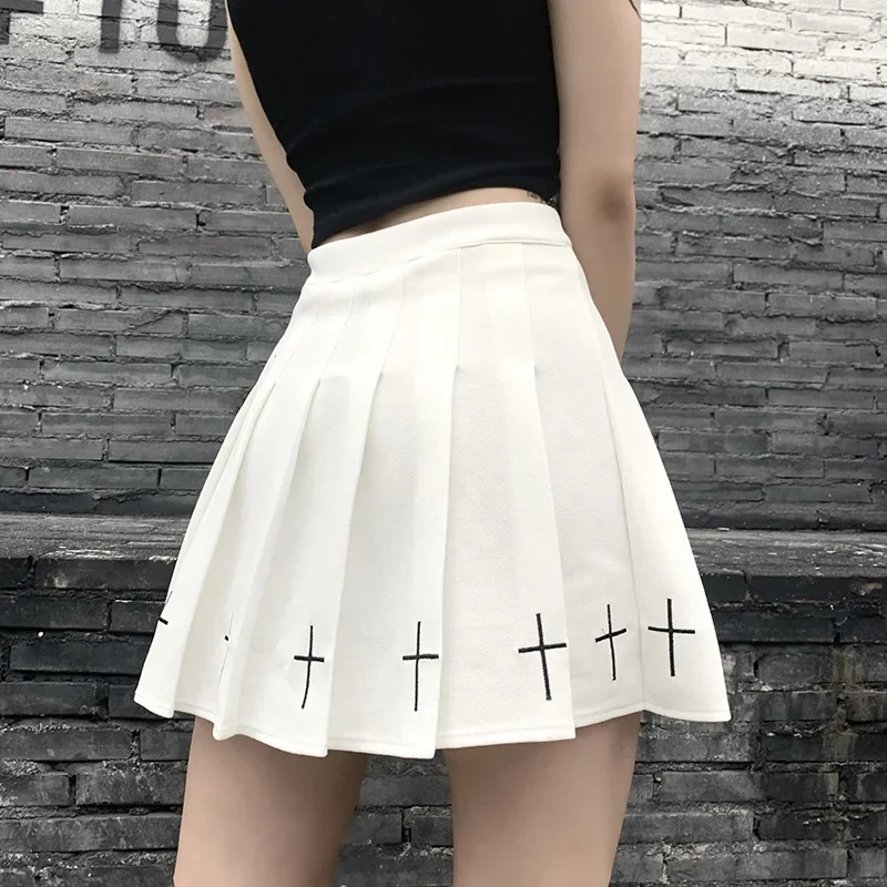 Gothic High Waist Mini Skirts Cool Girl Sexy Punk Cross Print Pleated Skrit Women Black White Basic All-Match Chic Short Dress