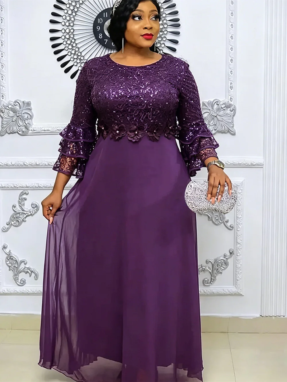 

African Chiffon Dress For Women Ruffle Sleeve Maxi Robe Wedding Party Evening Gown Dashiki Lace Long Dress Dubai Turkey Clothing