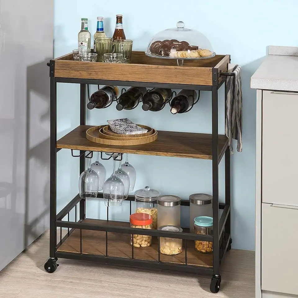 3 Tier Wrought Iron Solid Wood Service Trolley Home Hotel Restaurant Wine Rack Multifunctional Storage Trolley Trailer Truck