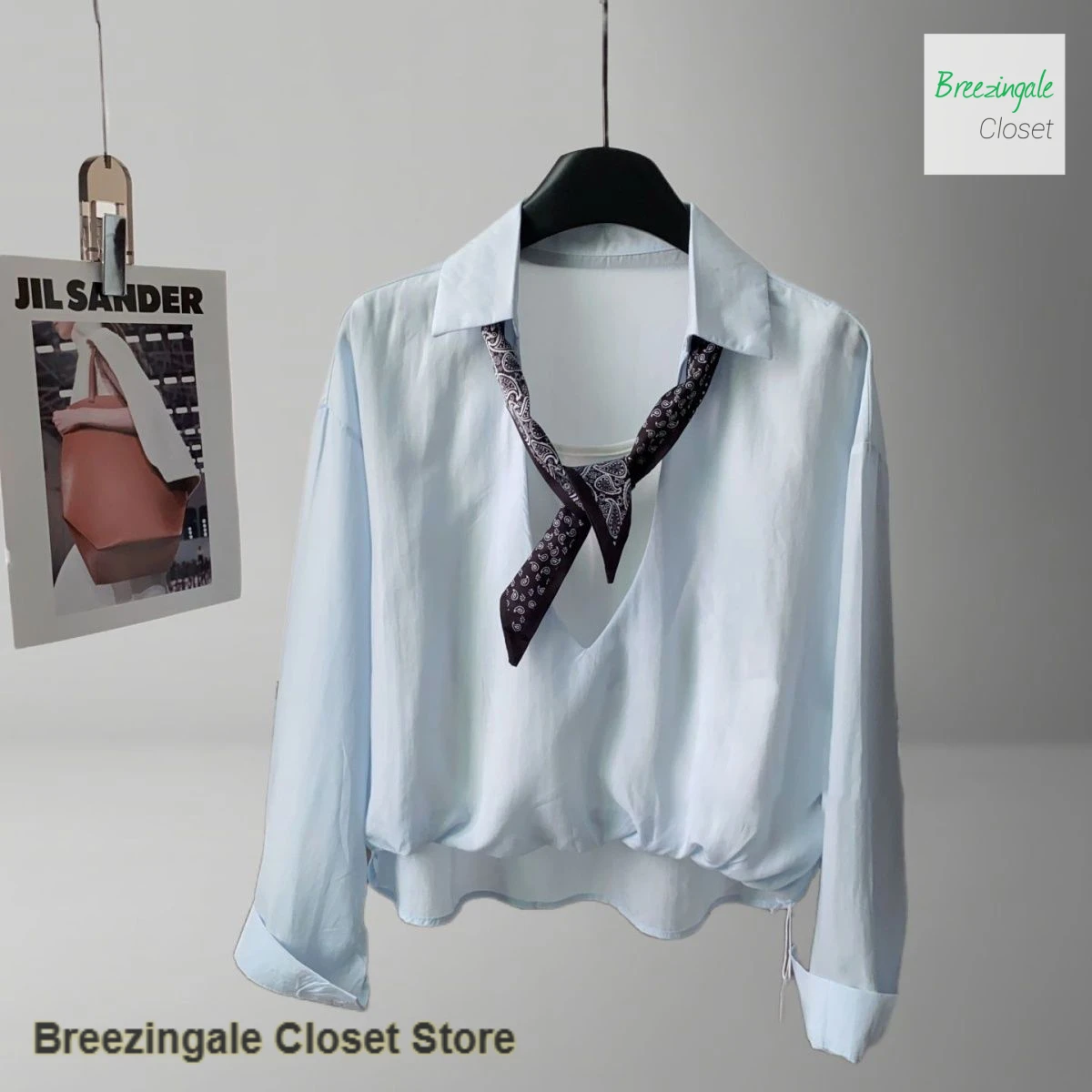 

Korean-style fake two-piece design long-sleeved shirt women's spring and autumn new Joker temperament shirt with silk scarf