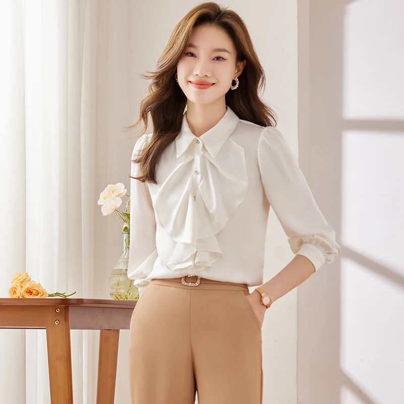 NAVIU Yellow Ruffles Shirt for Women Formal Long Sleeve Blouses Office Lady Work Tops Elegant Temperament White New