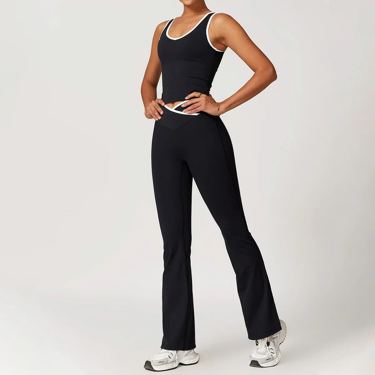 Women's Tummy Control One Piece Yoga Set Color Block Wide Strap Fitness Outfit with V Waist Flared Pants 2-Piece Workout Suit