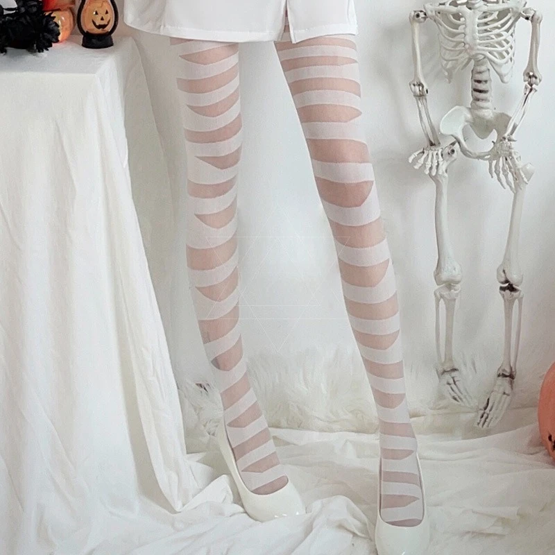Calcetines por encima de la rodilla con correa de Jacquard para Halloween, medias blancas por encima de la rodilla con cruz de chica picante, calcetines de seda negros con aspecto de pantorrilla, pantimedias finas