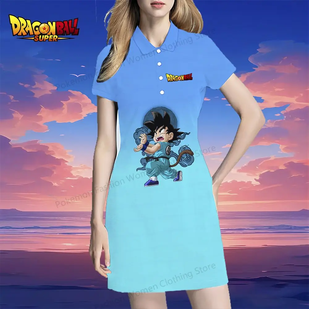 Dragon Ball Kakarotto Women's Polo Shirt Dresses Summer Youthful Woman Clothes V Neck Kawaii 2024 Street Wear Y2k S-2XL Dress