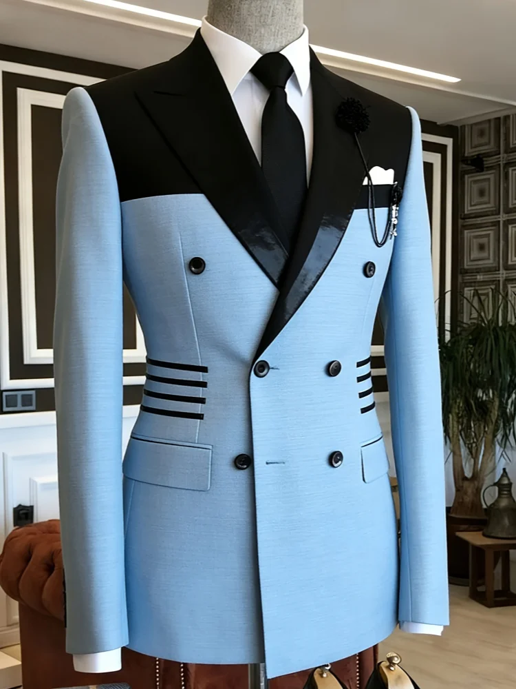 Men Black Glossy Contrast Peak‑Lapel Double‑Breasted Solid Sky Blue Slim‑Fit Wedding Blazer Jacket