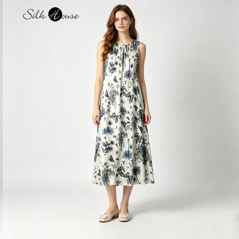 

2026 Women's Casual Summer New 100% Natural Mulberry Silk Crepe De Chine Round Neck Tank Top Printed Dress